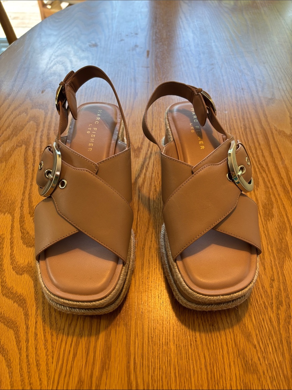 Marc Fisher Brown Leather Cross-Strap Espadrille Sandals with Buckle
